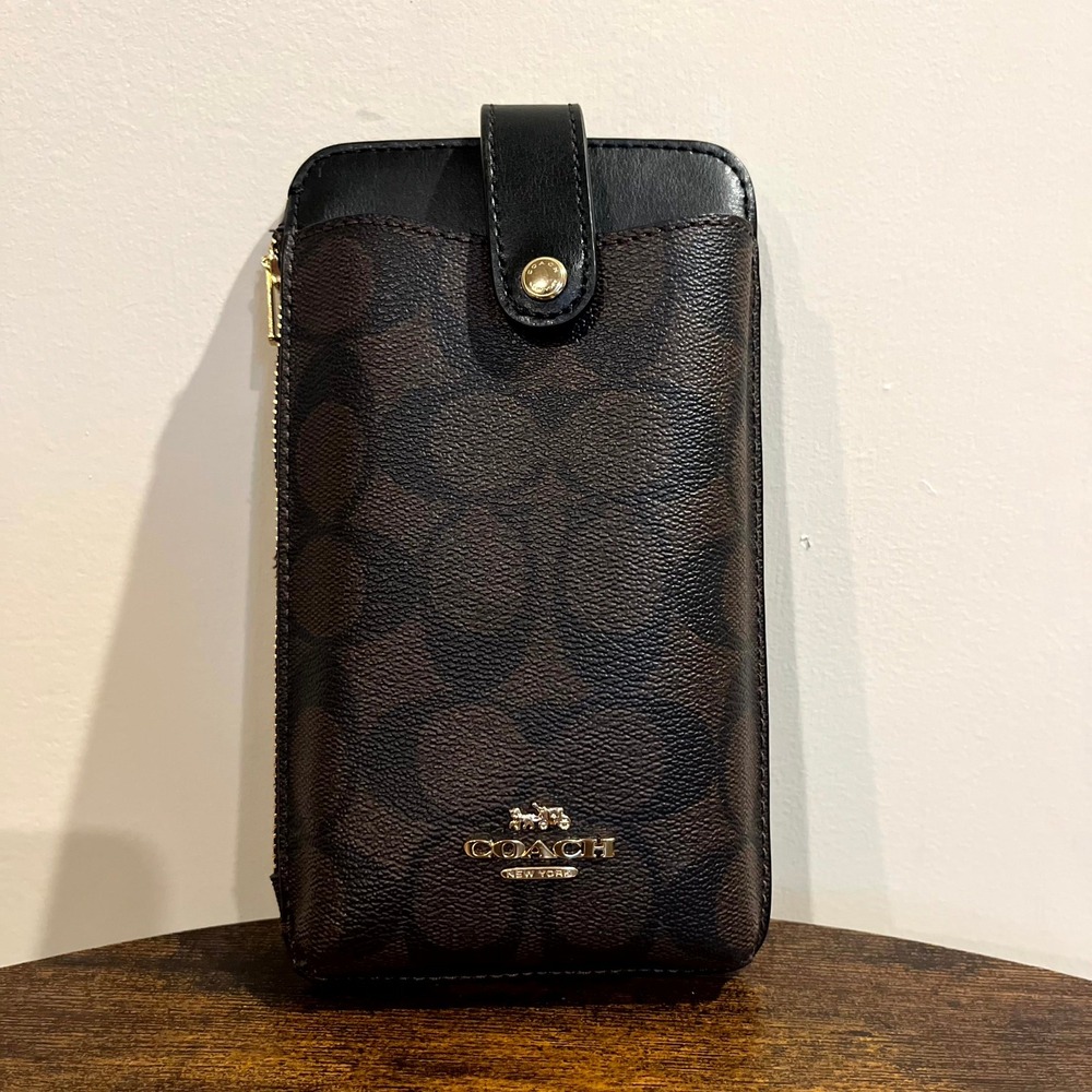 Coach Bag North/South Phone Crossbody Brown Signature Monogram Leather One Size